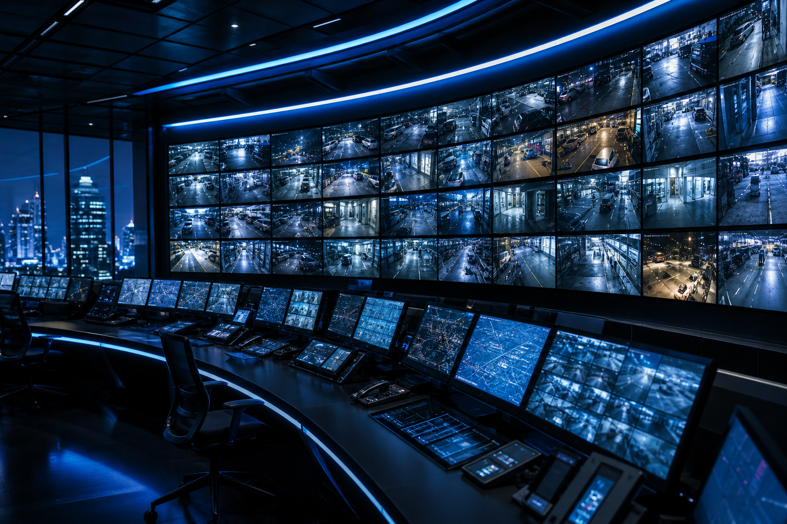 Centro de operações com painel de câmeras do Open VMS